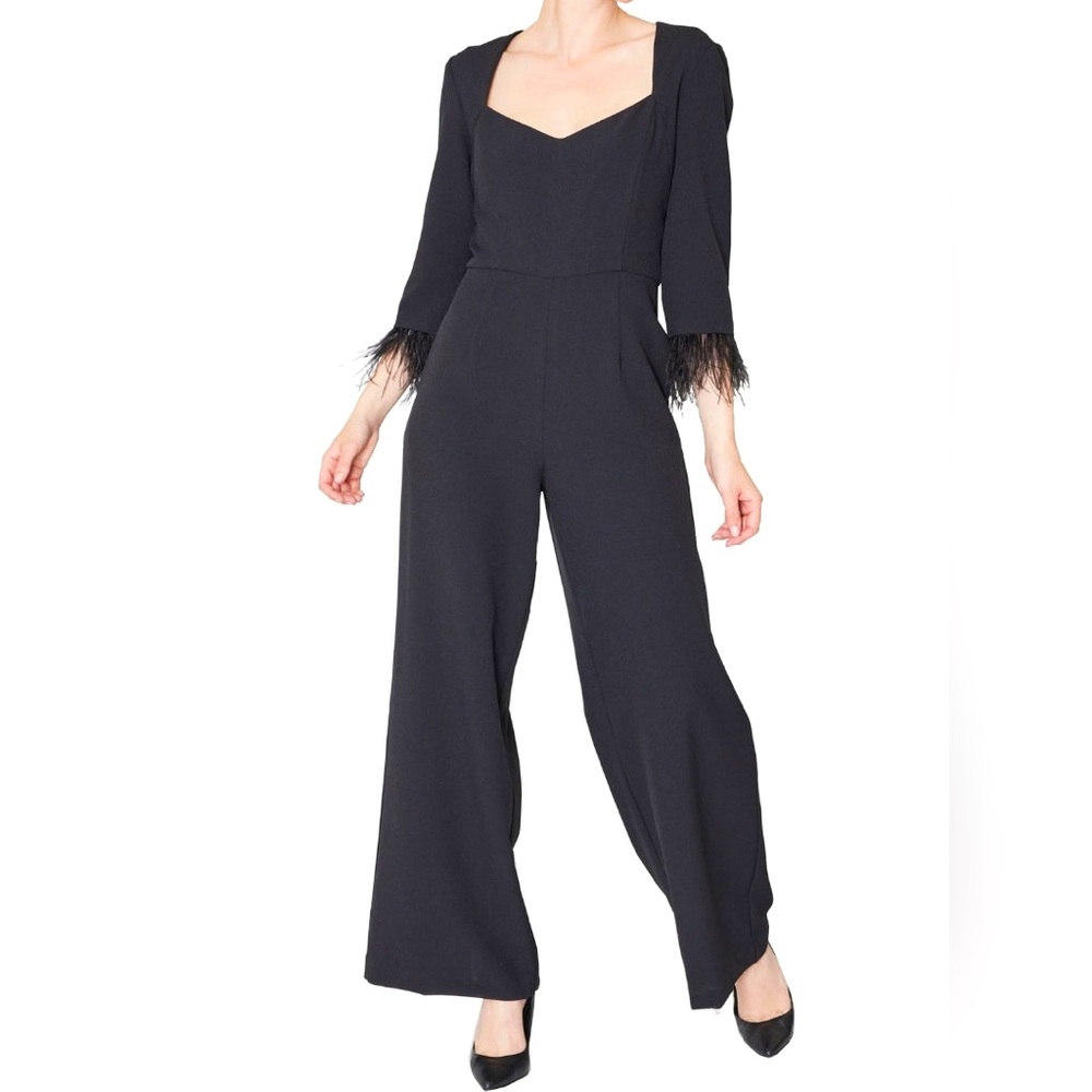 Julia Jordan NWT Black Faux Feather Trim Sleeve Wide Leg Jumpsuit